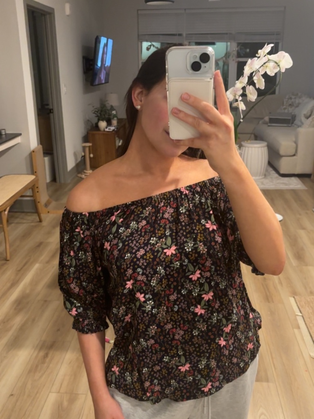 Off-Shoulder Floral Blouse in Black with Pink Accents
